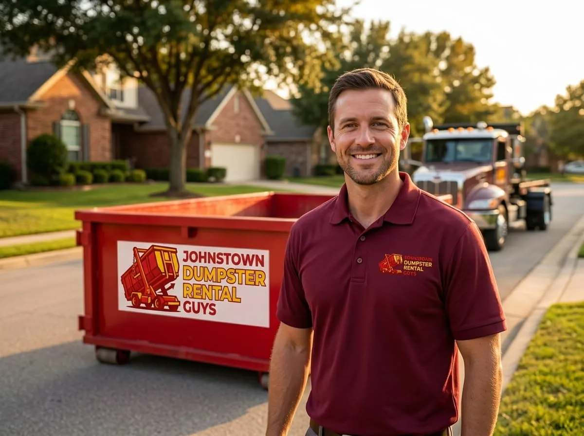 The Johnstown Dumpster Rental Guys crew standing beside a roll-off truck and red dumpster in Johnstown, PA The Johnstown Dumpster Rental Guys crew standing beside a roll-off truck and red dumpster in Johnstown, PA