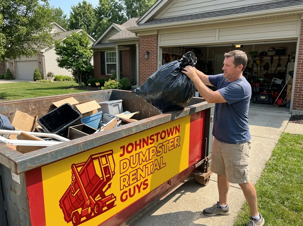 Homeowner loading a bag of household junk into a roll-off dumpster in Johnstown, Pennsylvania